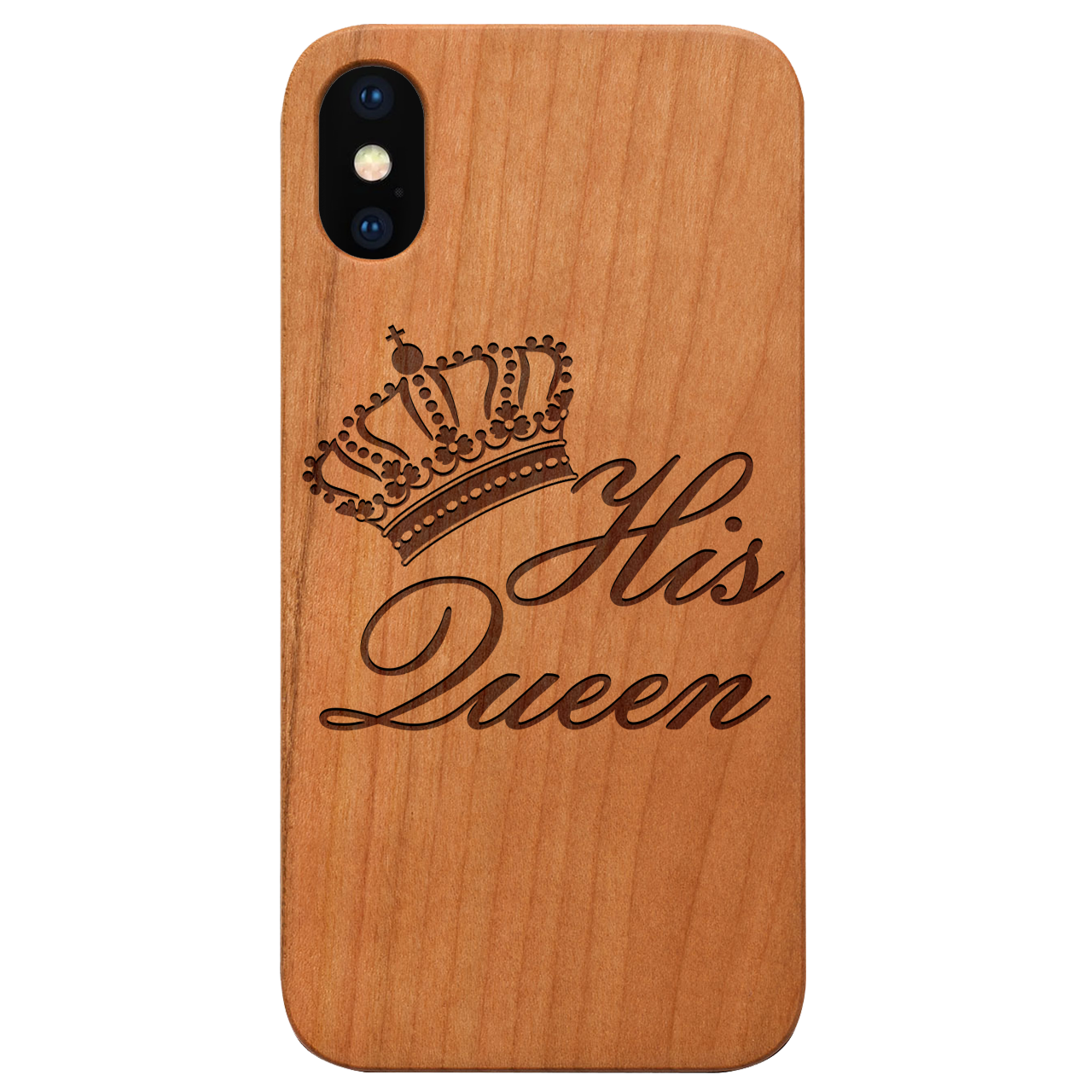 His Queen Engraved wooden phone case featuring intricate design and durable construction for iPhone and Samsung models.