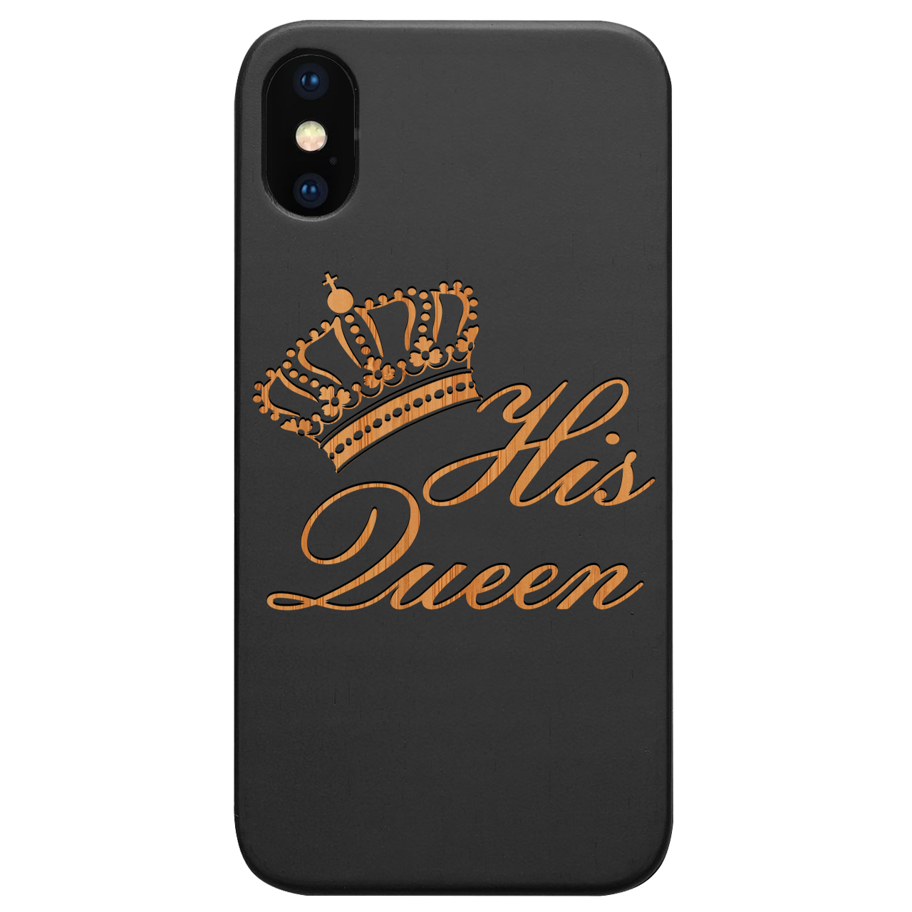 His Queen Engraved wooden phone case featuring intricate design and durable construction for iPhone and Samsung models.