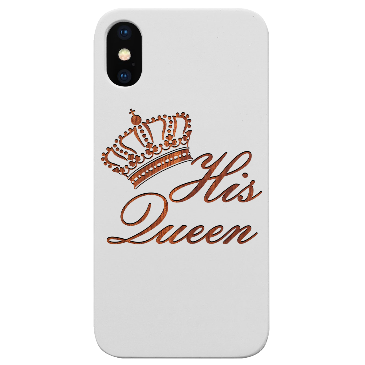 His Queen Engraved wooden phone case featuring intricate design and durable construction for iPhone and Samsung models.