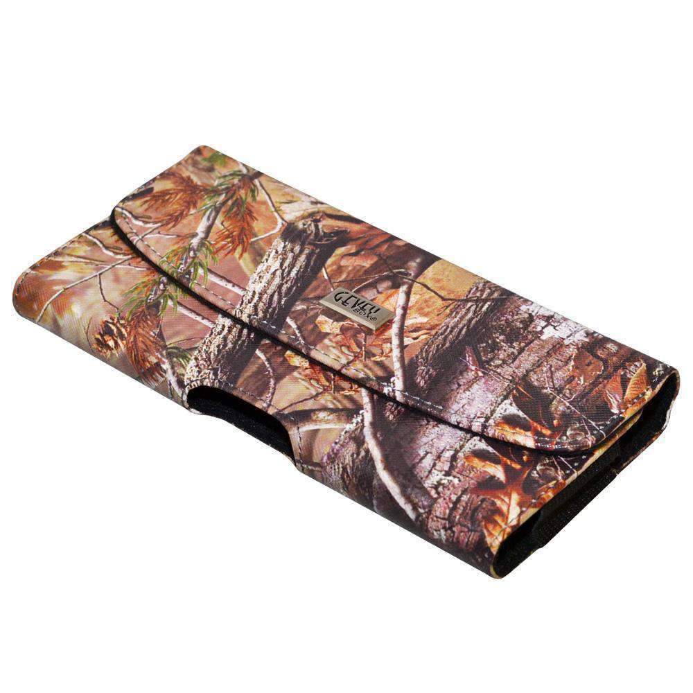 Horizontal PU Leather Camo Pouch Case with magnetic closure and belt clip, designed for heavy-duty phone cases.