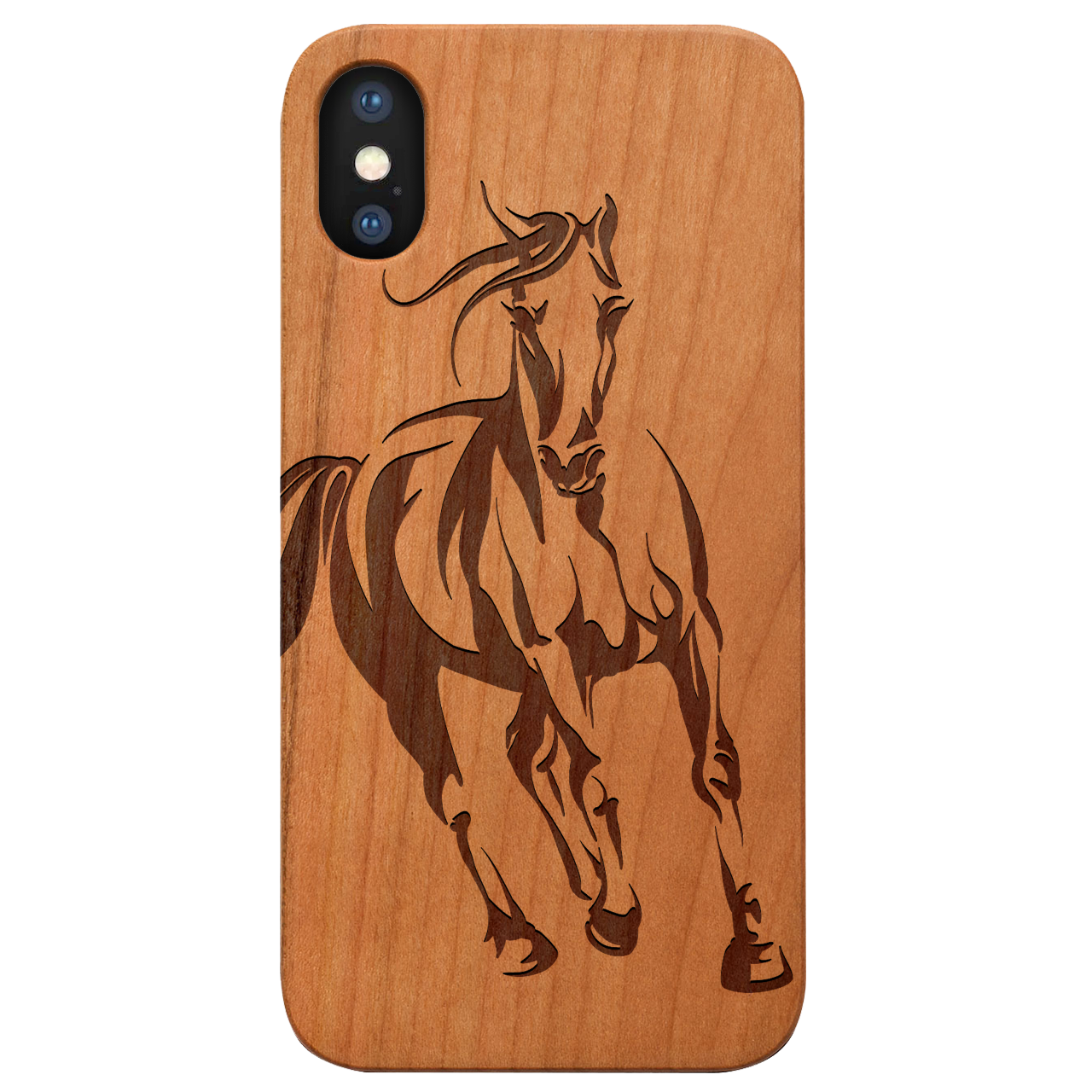 Horse 1 Engraved wooden phone case featuring unique laser-engraved design and natural wood finish, showcasing durability and style.