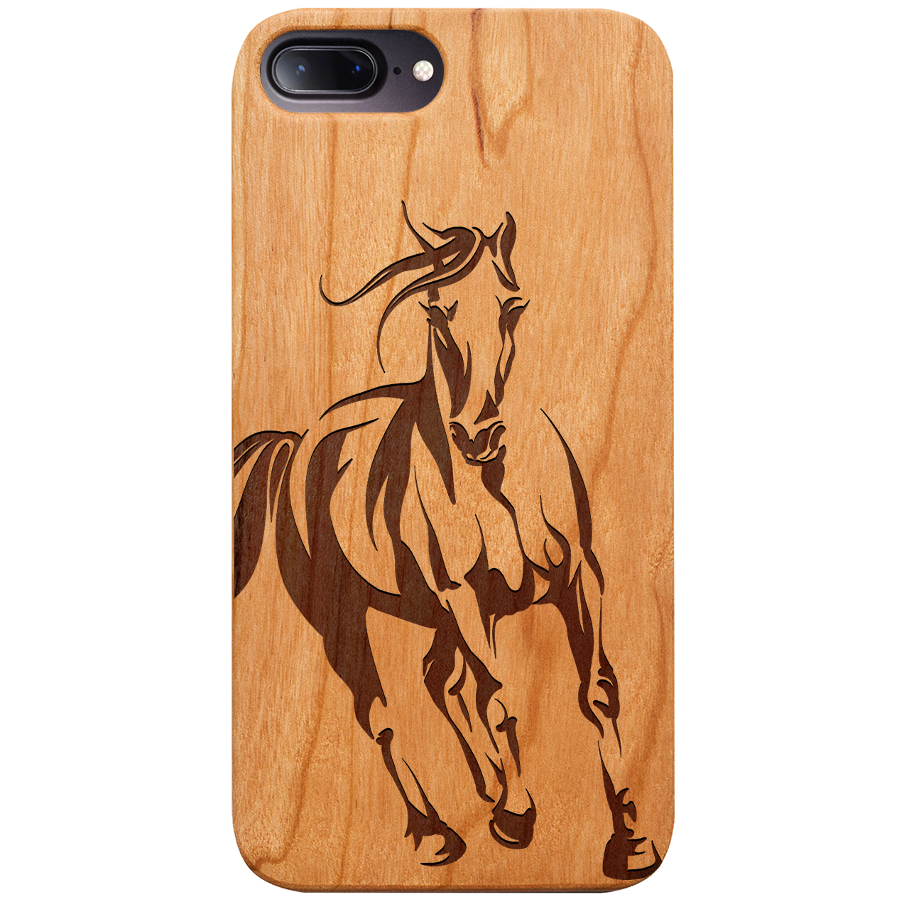 Horse 1 Engraved wooden phone case featuring unique laser-engraved design and natural wood finish, showcasing durability and style.