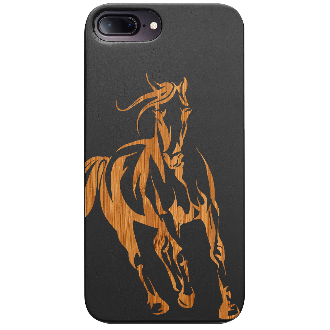 Horse 1 Engraved wooden phone case featuring unique laser-engraved design and natural wood finish, showcasing durability and style.