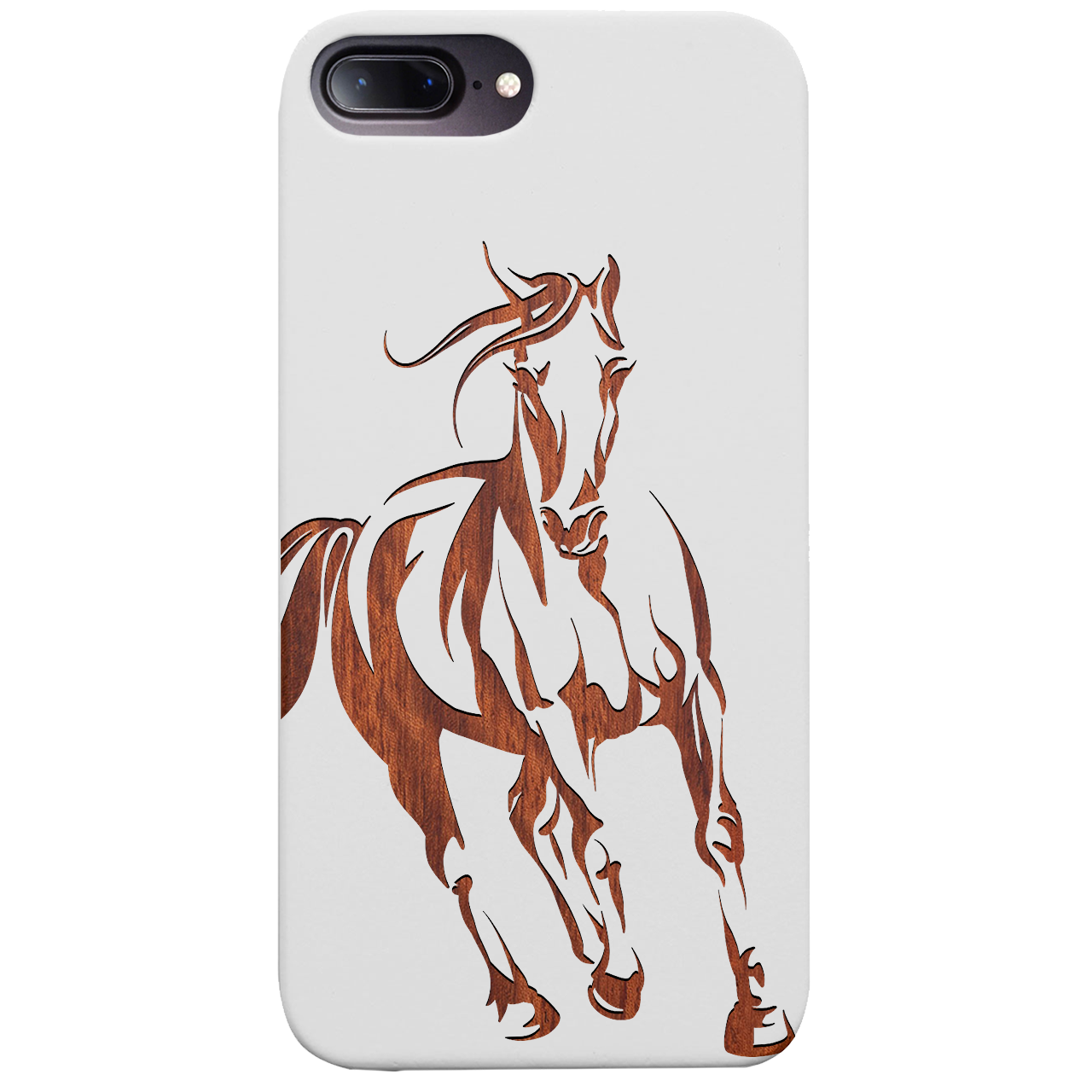 Horse 1 Engraved wooden phone case featuring unique laser-engraved design and natural wood finish, showcasing durability and style.