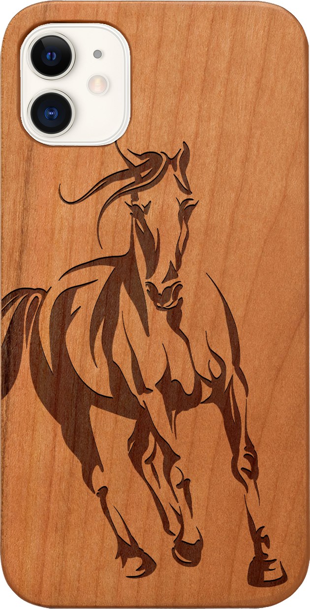 Horse 1 Engraved wooden phone case featuring unique laser-engraved design and natural wood finish, showcasing durability and style.