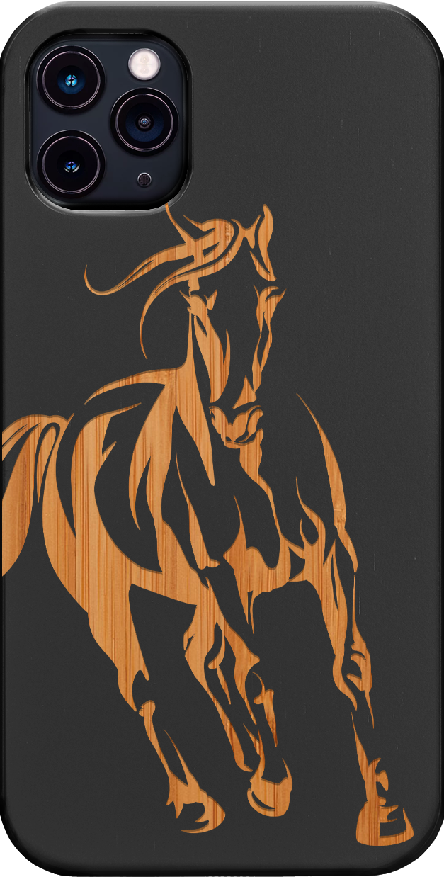 Horse 1 Engraved wooden phone case featuring unique laser-engraved design and natural wood finish, showcasing durability and style.