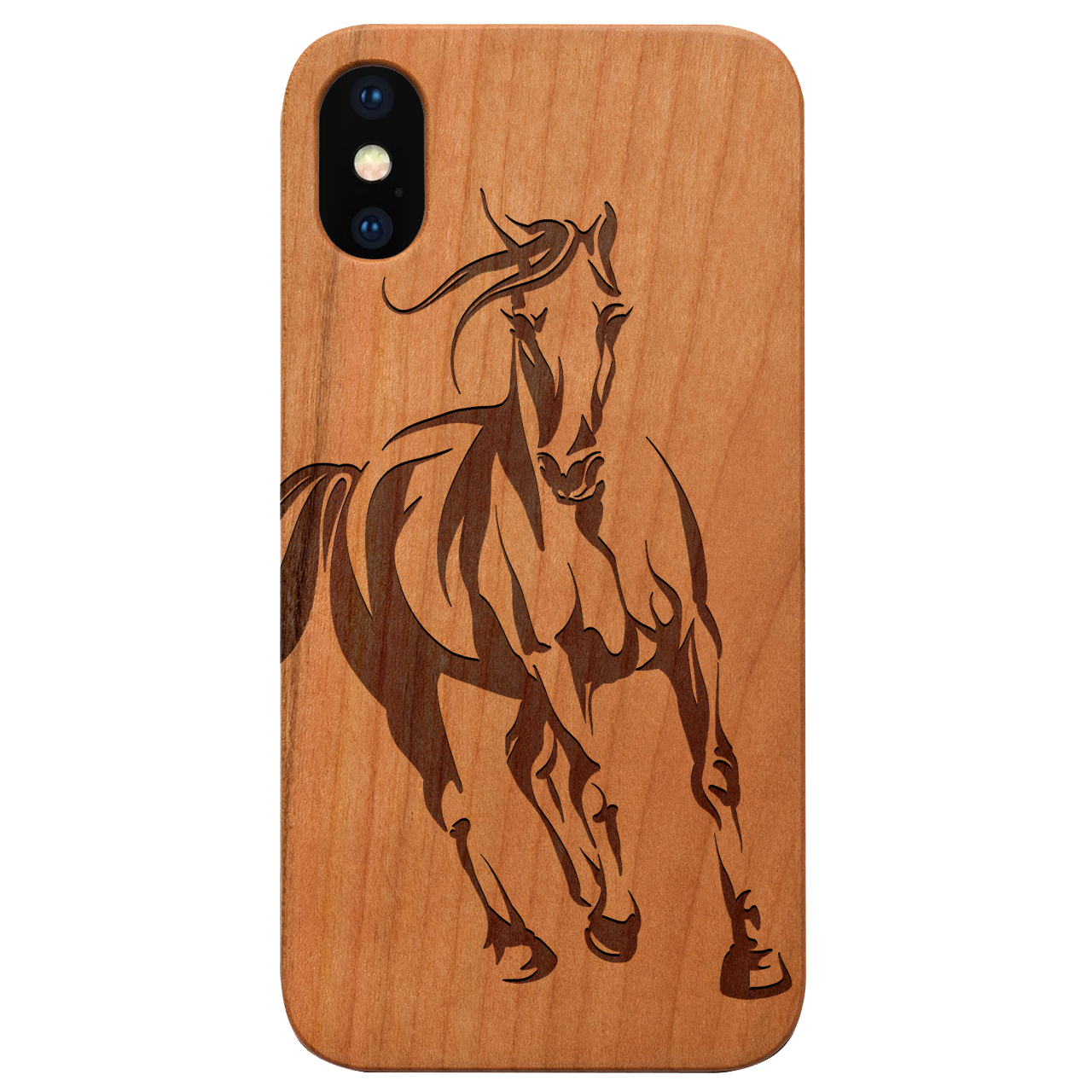 Horse 1 Engraved wooden phone case featuring unique laser-engraved design and natural wood finish, showcasing durability and style.