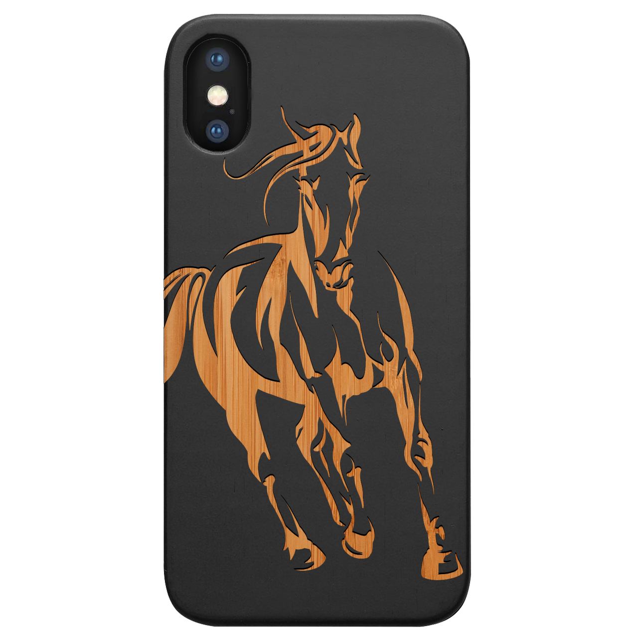 Horse 1 Engraved wooden phone case featuring unique laser-engraved design and natural wood finish, showcasing durability and style.