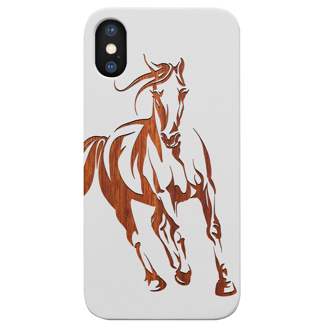 Horse 1 Engraved wooden phone case featuring unique laser-engraved design and natural wood finish, showcasing durability and style.