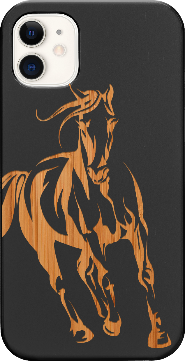 Horse 1 Engraved wooden phone case featuring unique laser-engraved design and natural wood finish, showcasing durability and style.