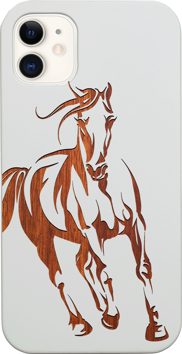 Horse 1 Engraved wooden phone case featuring unique laser-engraved design and natural wood finish, showcasing durability and style.