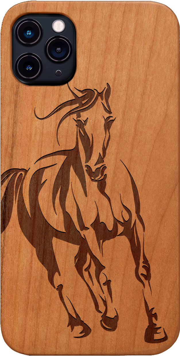 Horse 1 Engraved wooden phone case featuring unique laser-engraved design and natural wood finish, showcasing durability and style.