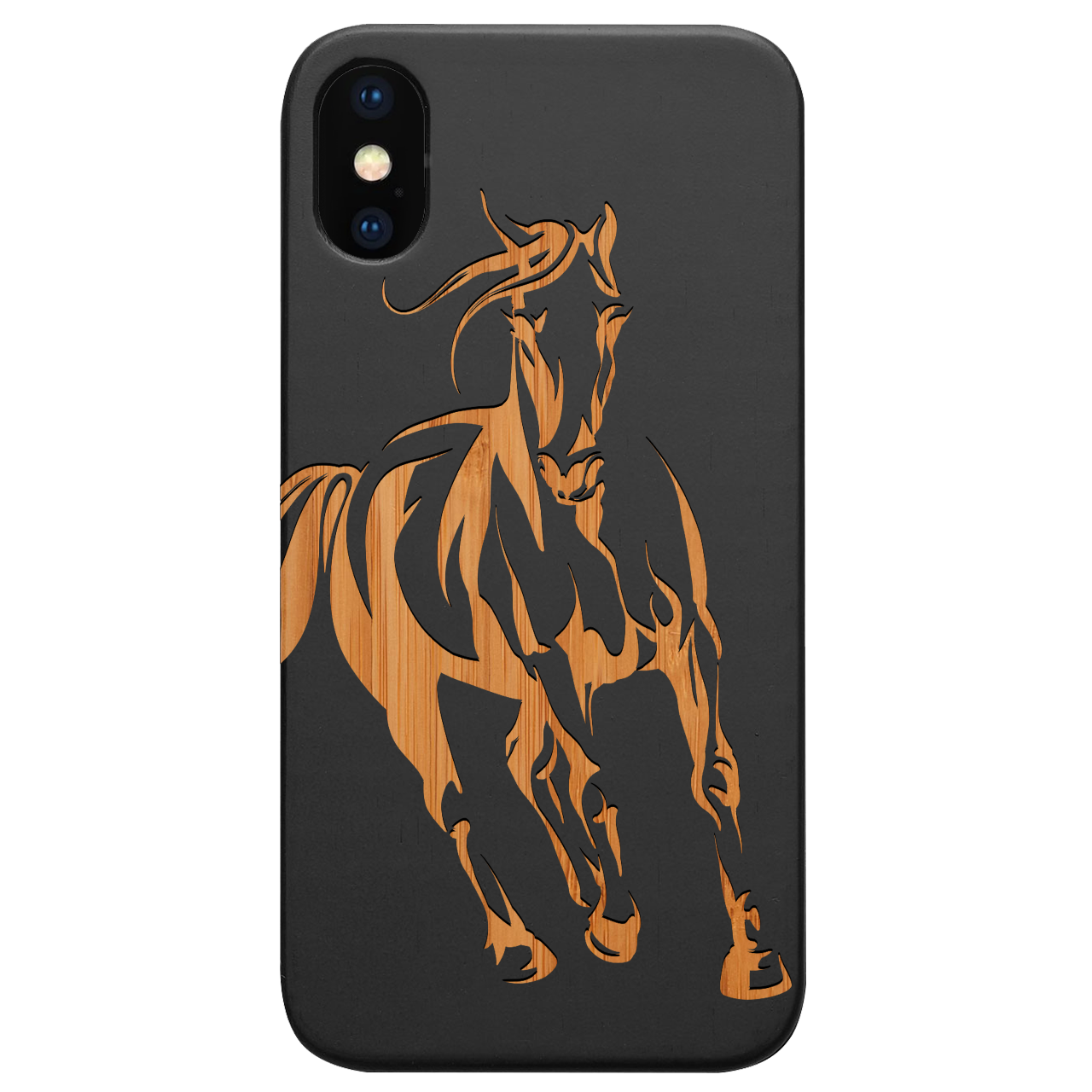 Horse 1 Engraved wooden phone case featuring unique laser-engraved design and natural wood finish, showcasing durability and style.