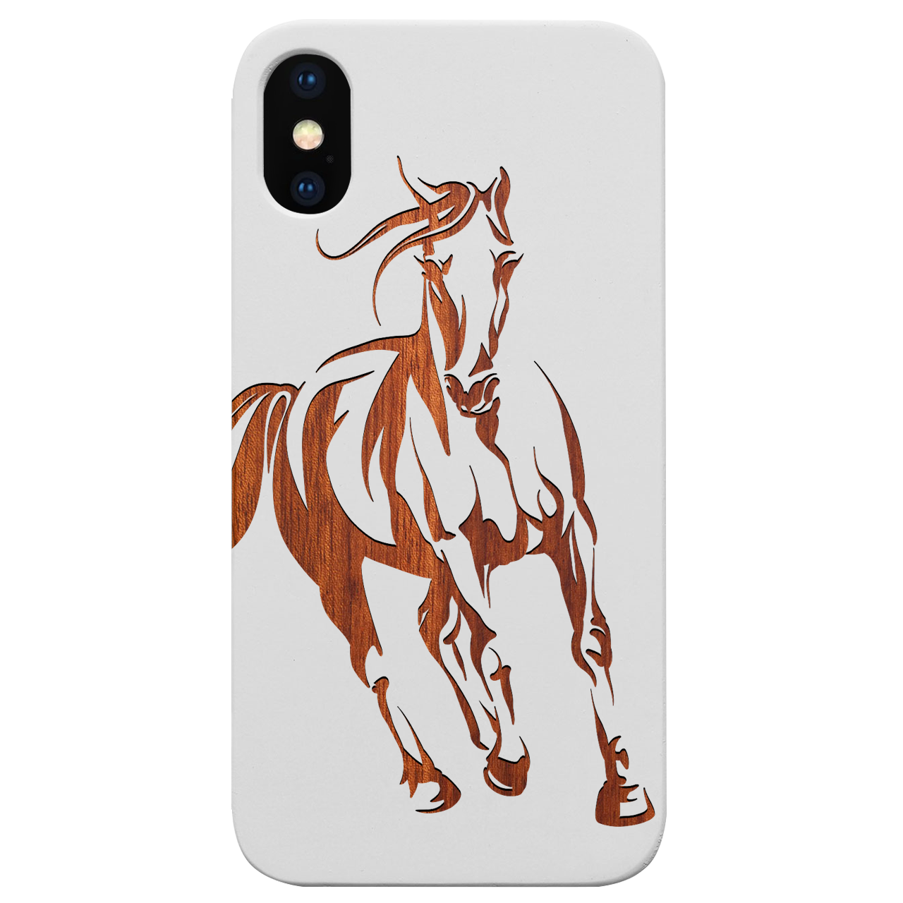 Horse 1 Engraved wooden phone case featuring unique laser-engraved design and natural wood finish, showcasing durability and style.