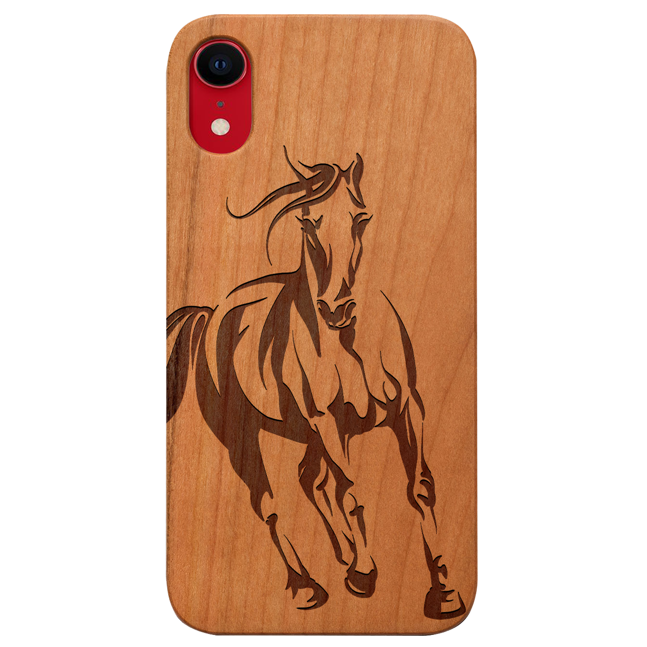 Horse 1 Engraved wooden phone case featuring unique laser-engraved design and natural wood finish, showcasing durability and style.