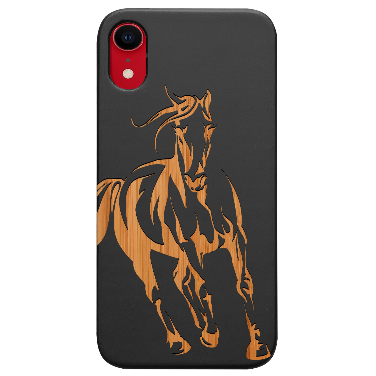 Horse 1 Engraved wooden phone case featuring unique laser-engraved design and natural wood finish, showcasing durability and style.