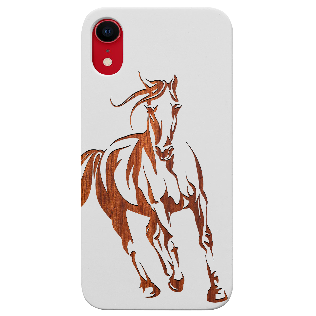 Horse 1 Engraved wooden phone case featuring unique laser-engraved design and natural wood finish, showcasing durability and style.