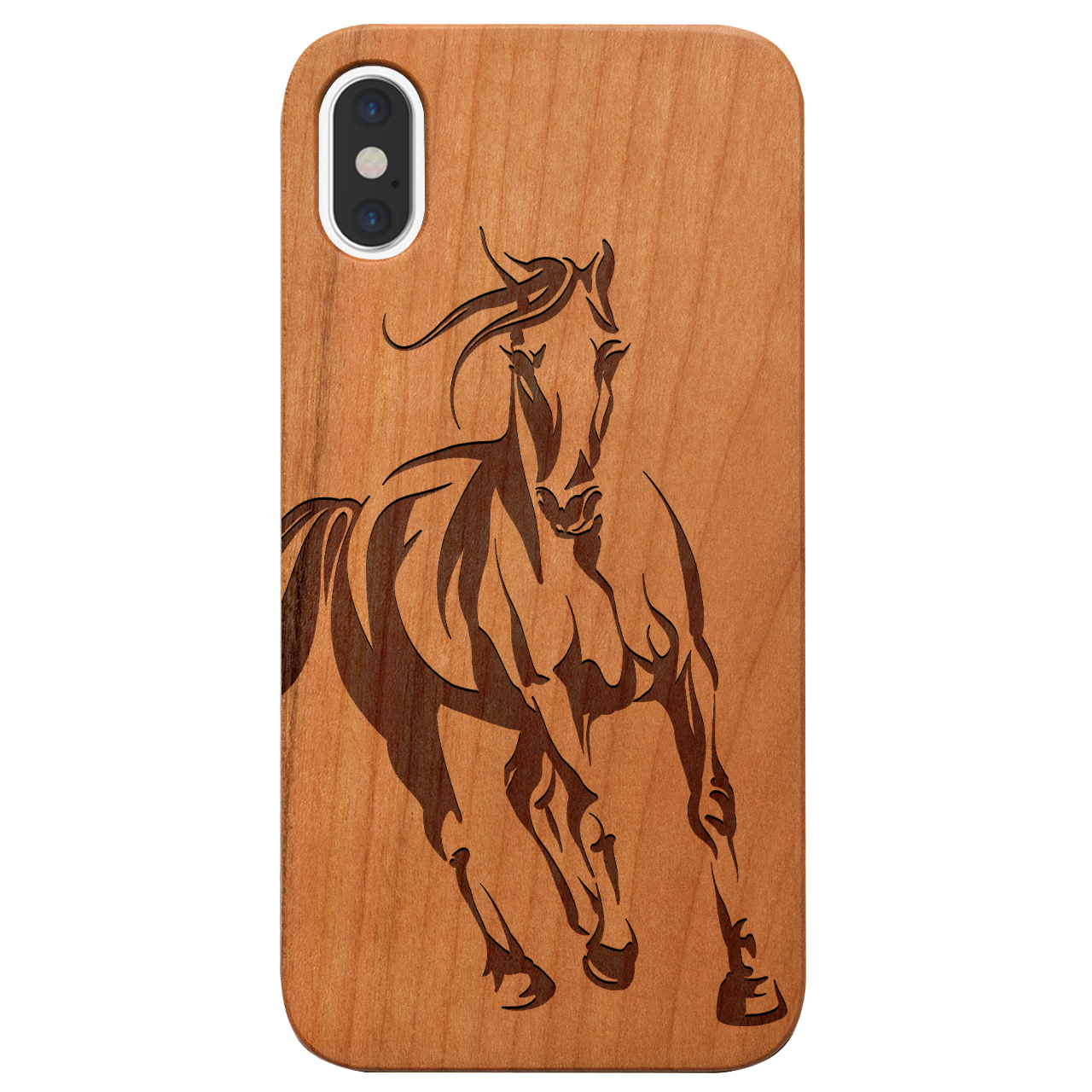 Horse 1 Engraved wooden phone case featuring unique laser-engraved design and natural wood finish, showcasing durability and style.