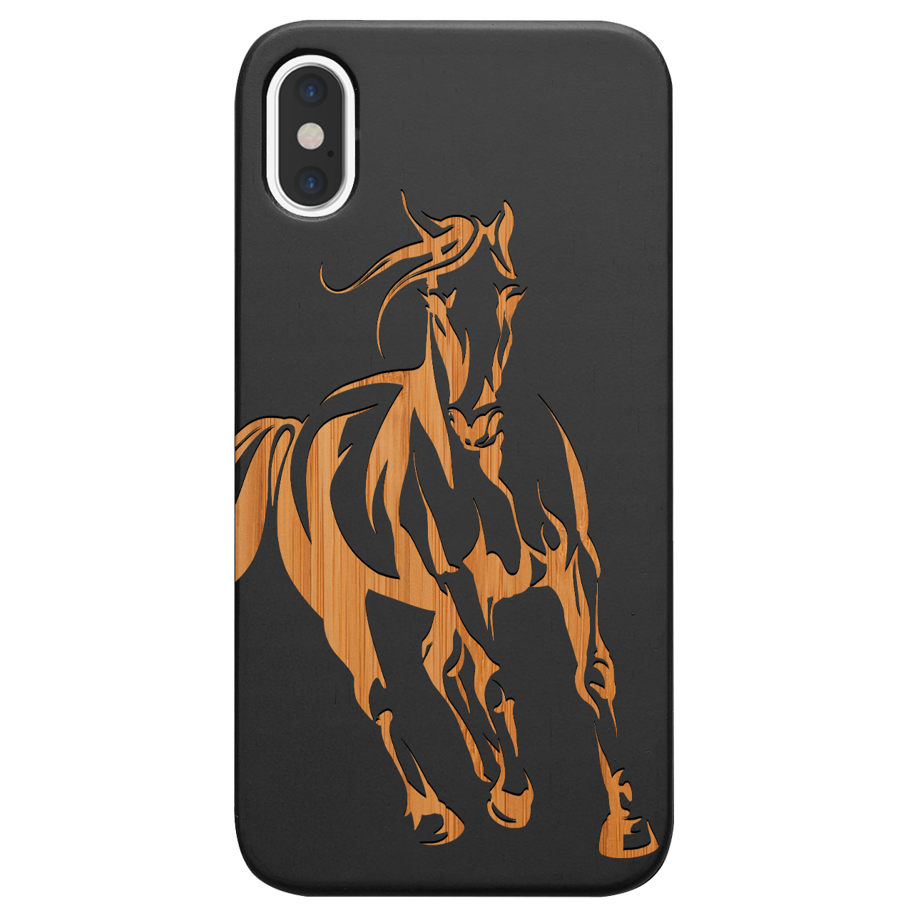 Horse 1 Engraved wooden phone case featuring unique laser-engraved design and natural wood finish, showcasing durability and style.