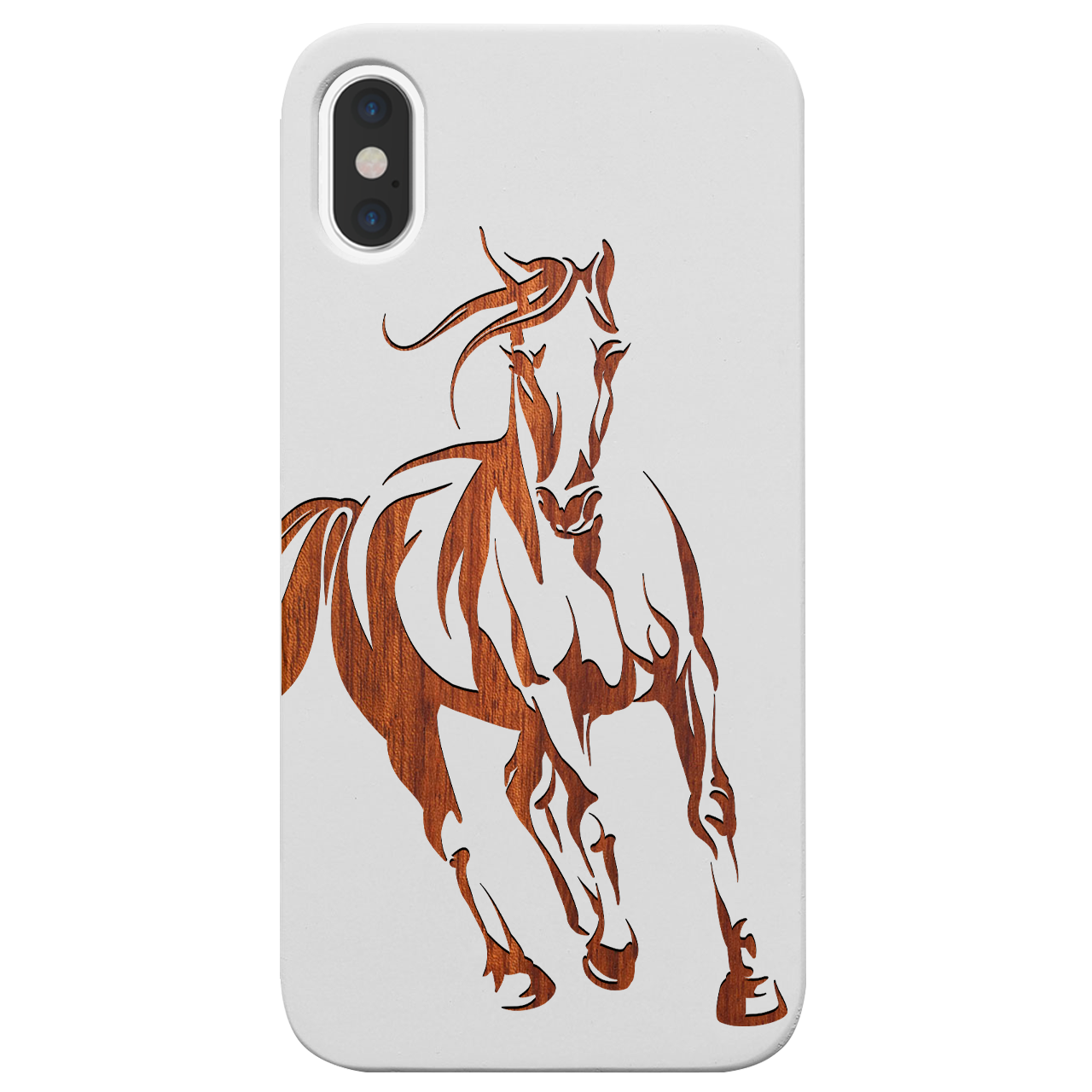 Horse 1 Engraved wooden phone case featuring unique laser-engraved design and natural wood finish, showcasing durability and style.