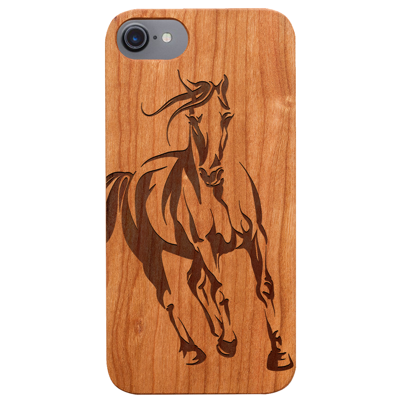 Horse 1 Engraved wooden phone case featuring unique laser-engraved design and natural wood finish, showcasing durability and style.