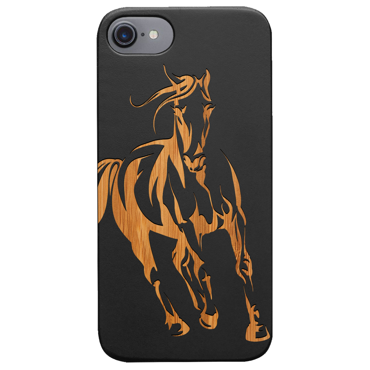 Horse 1 Engraved wooden phone case featuring unique laser-engraved design and natural wood finish, showcasing durability and style.