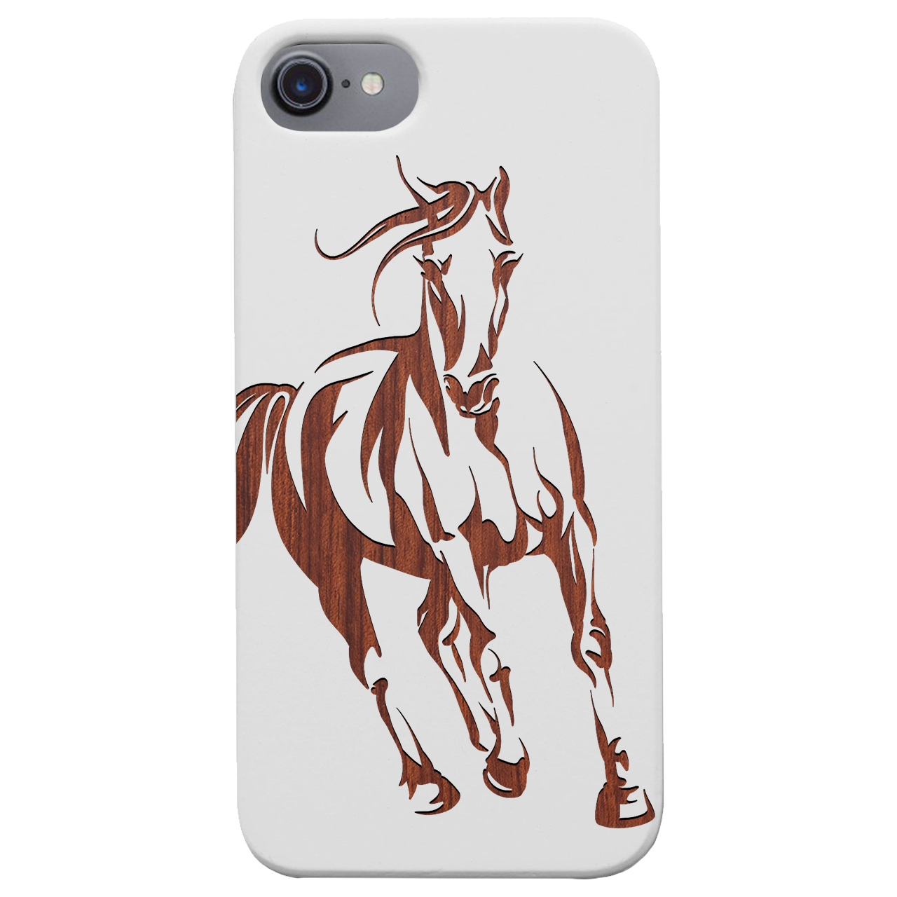 Horse 1 Engraved wooden phone case featuring unique laser-engraved design and natural wood finish, showcasing durability and style.