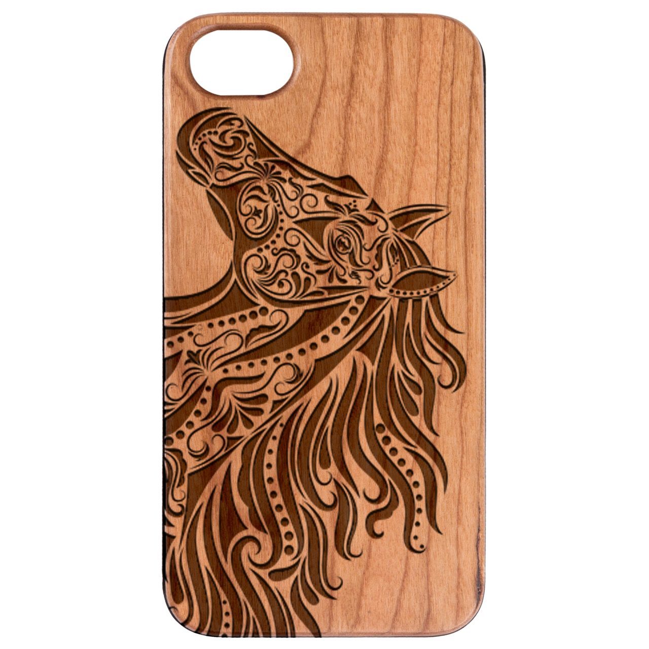 Horse Head Engraved wooden phone case showcasing intricate design and natural wood finish.