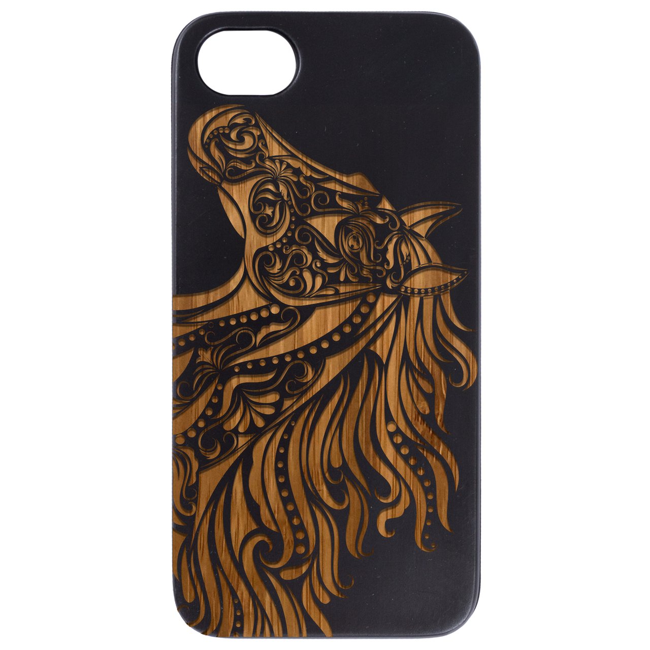 Horse Head Engraved wooden phone case showcasing intricate design and natural wood finish.