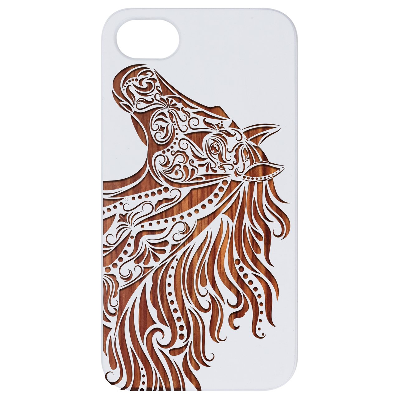 Horse Head Engraved wooden phone case showcasing intricate design and natural wood finish.