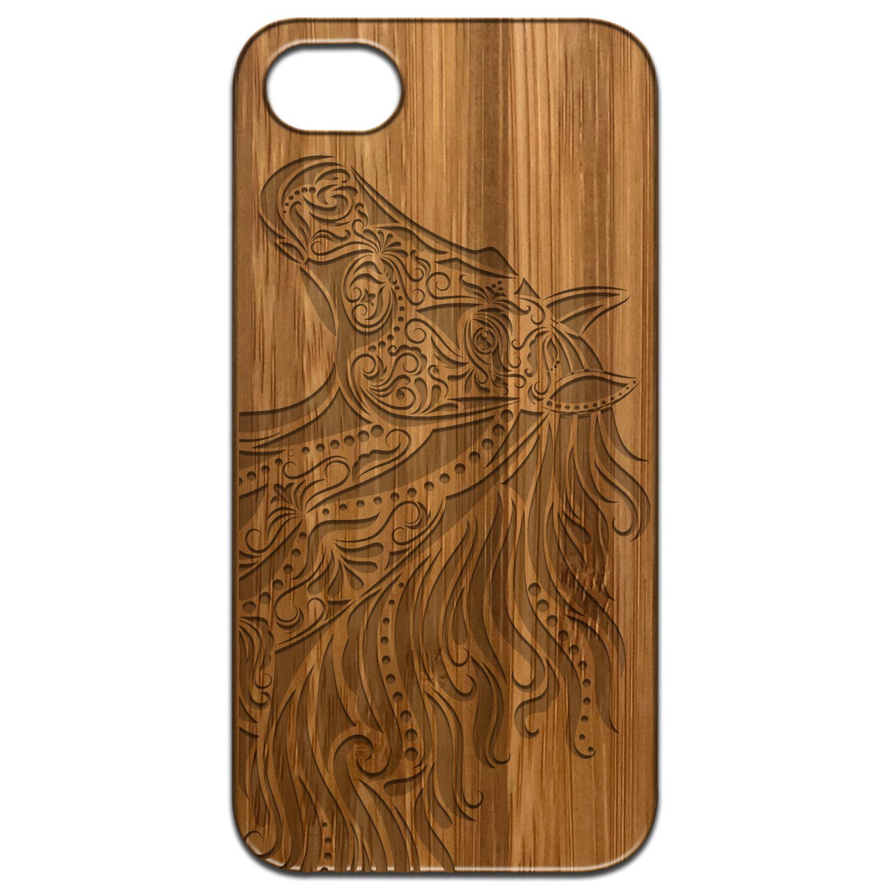 Horse Head Engraved wooden phone case showcasing intricate design and natural wood finish.