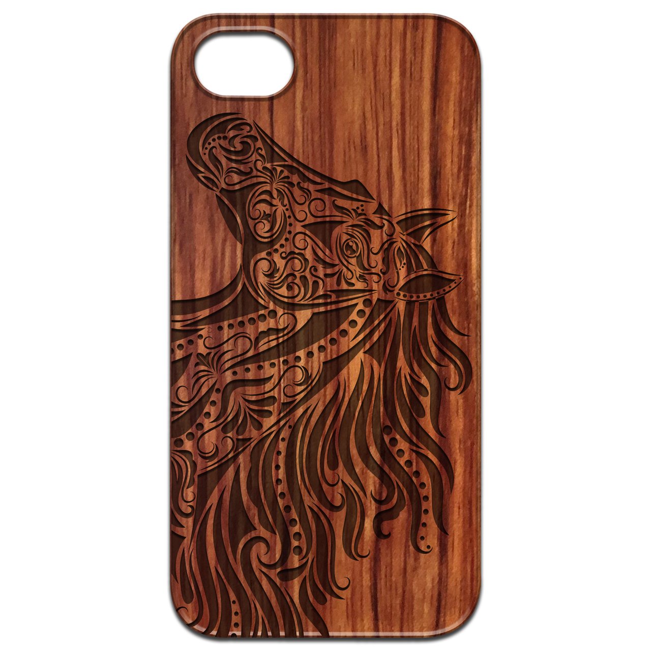 Horse Head Engraved wooden phone case showcasing intricate design and natural wood finish.