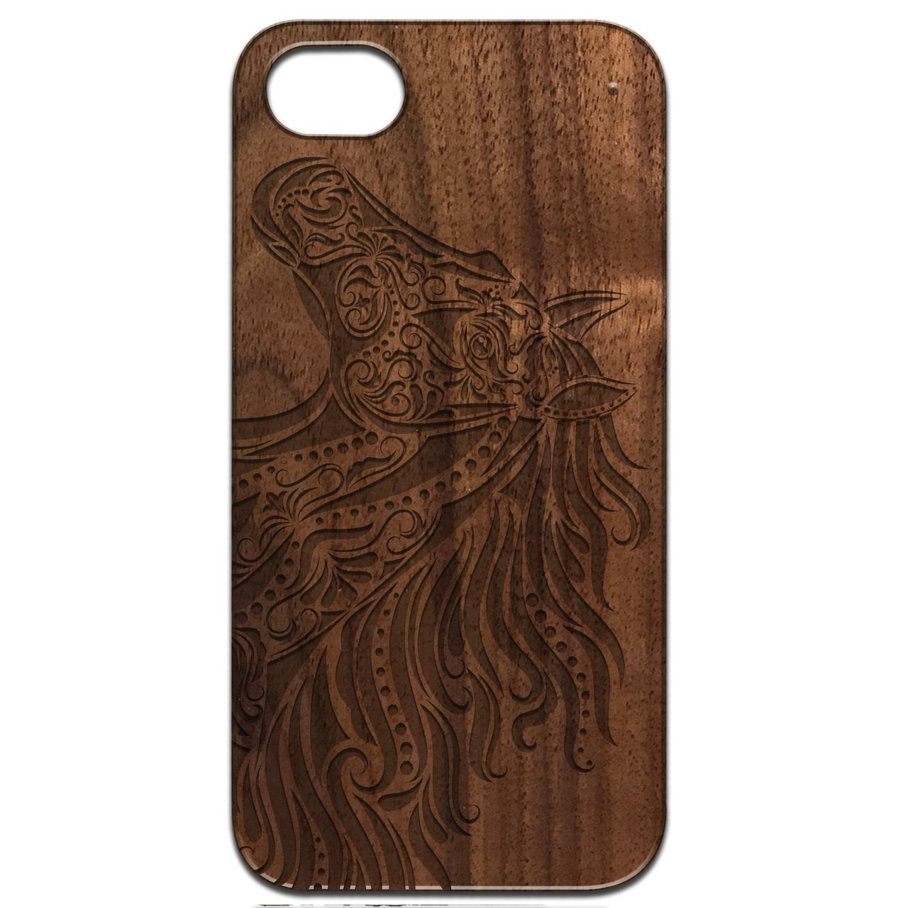 Horse Head Engraved wooden phone case showcasing intricate design and natural wood finish.