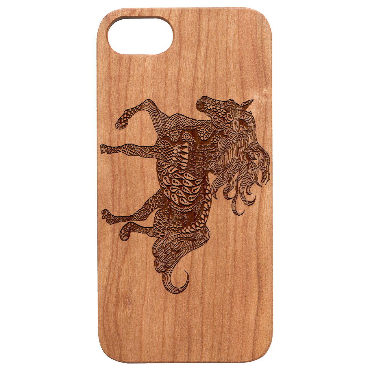 Horse Mandala engraved wooden phone case showcasing intricate design and durable construction.