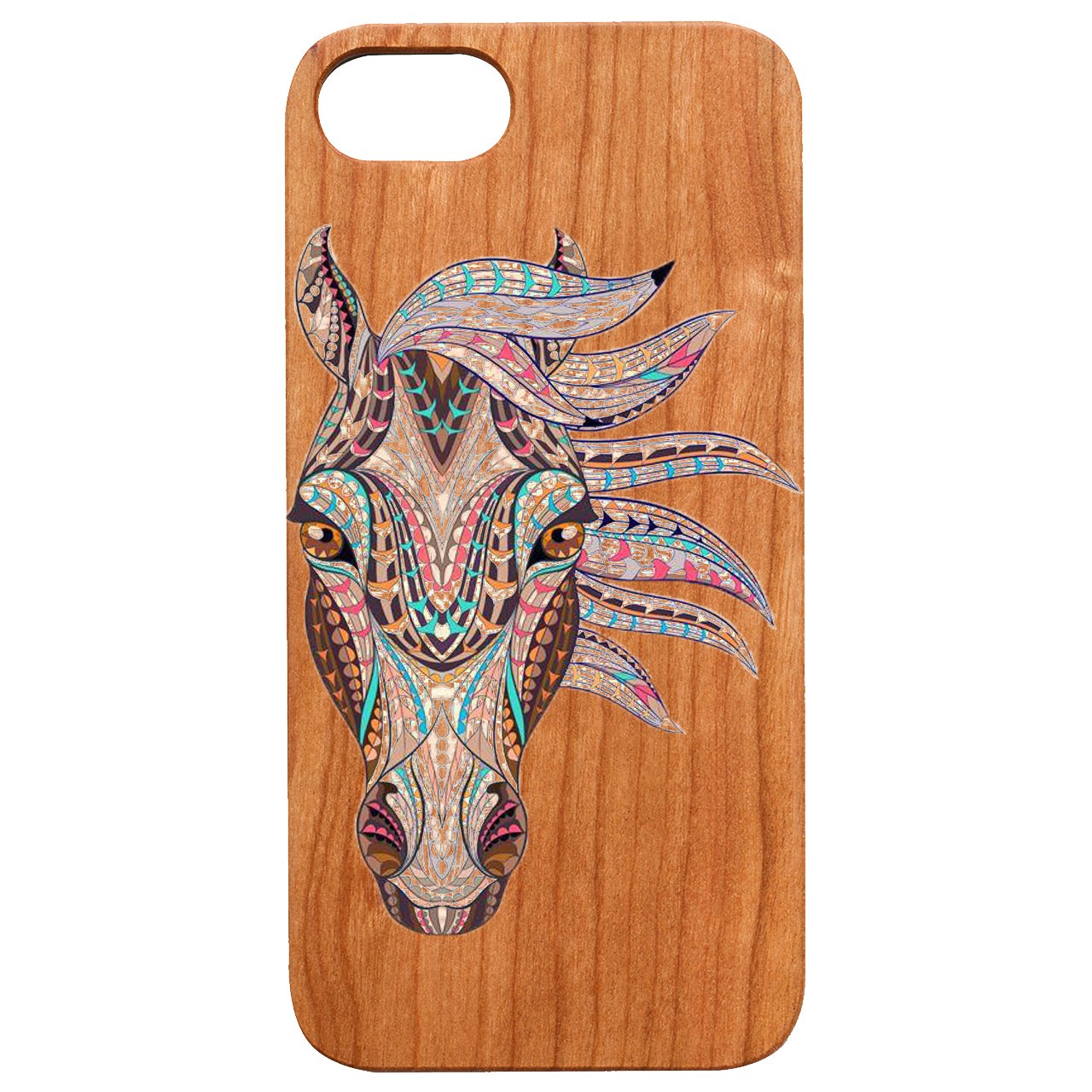 Horse Mandala UV Color Printed phone case showcasing vibrant design and natural wood texture.