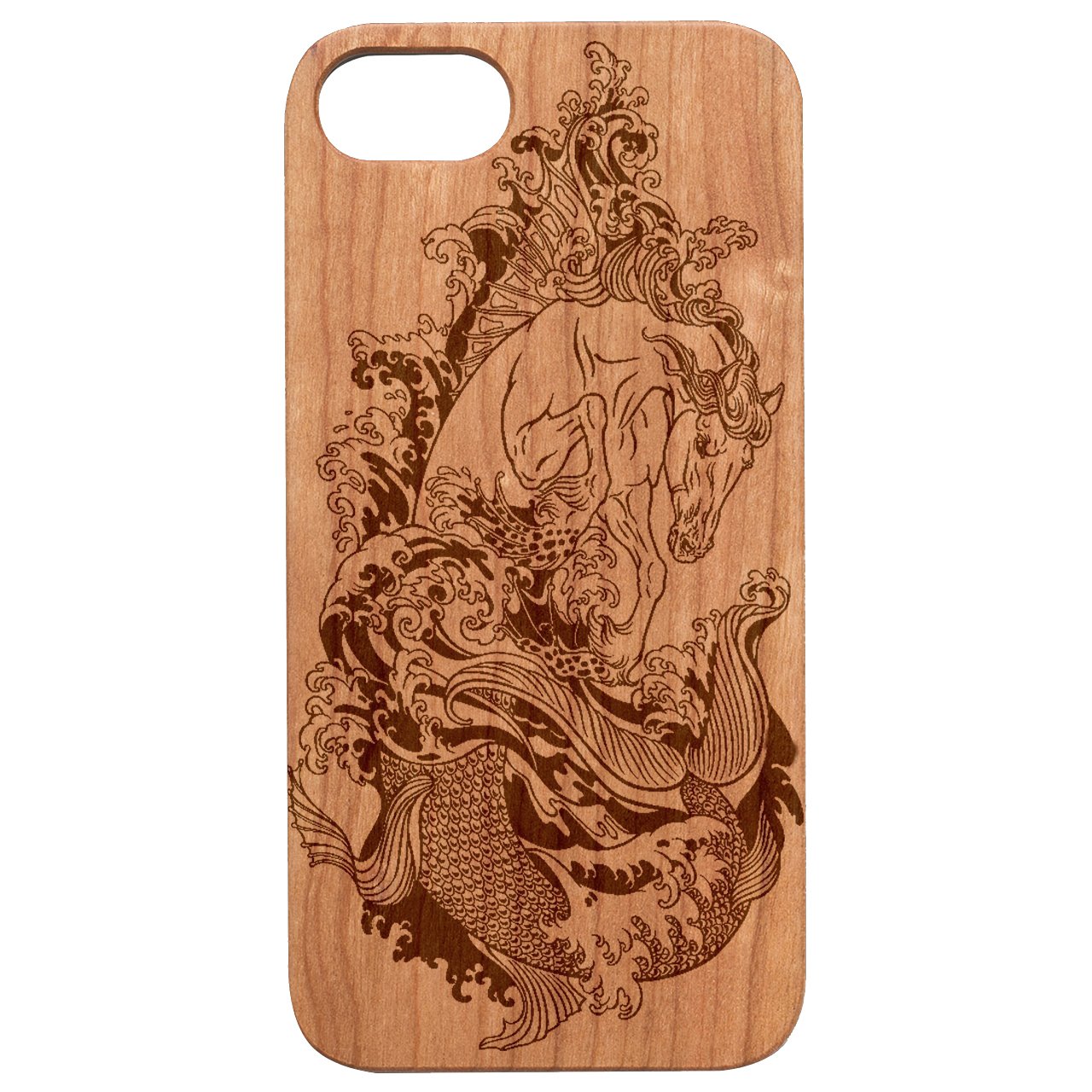 Horse Sea 2 - Engraved wooden phone case showcasing unique laser-engraved design and natural wood finish.