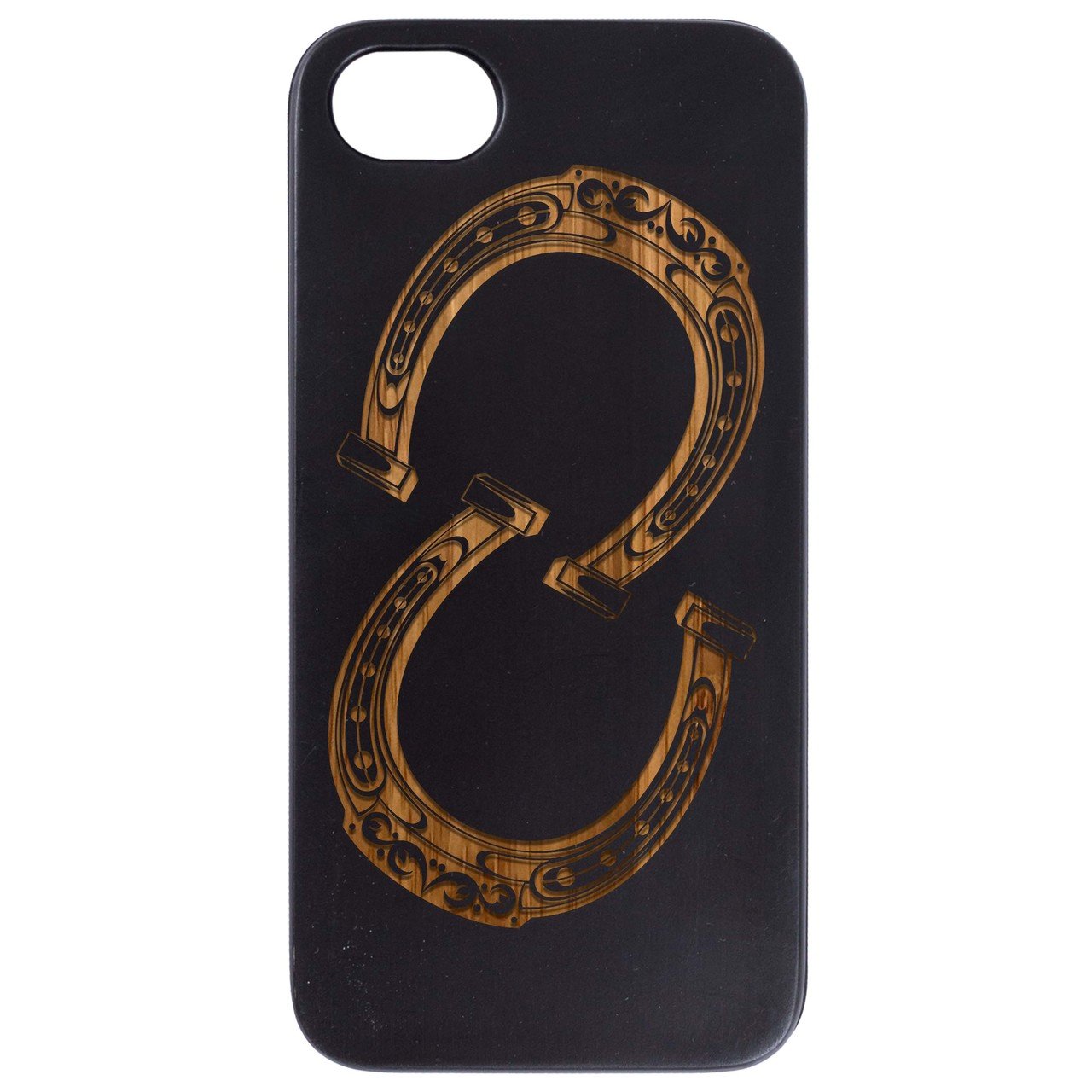 Engraved horse shoes showcasing intricate designs, crafted from durable wood, perfect for equestrian decor.