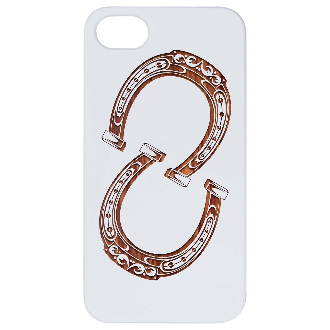 Engraved horse shoes showcasing intricate designs, crafted from durable wood, perfect for equestrian decor.