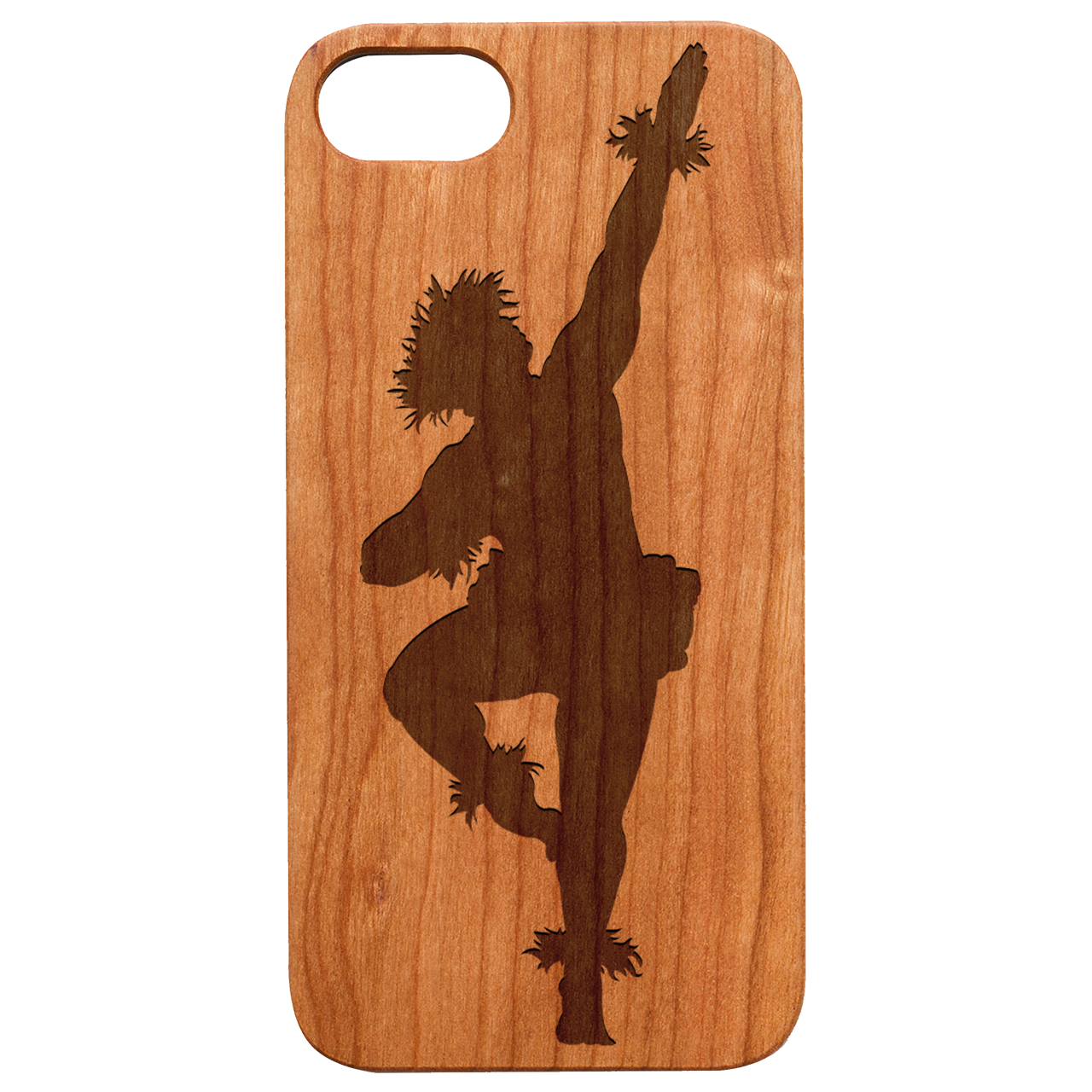 Engraved wooden phone case featuring a Hula Dancer Man design, showcasing natural wood texture and durable construction.