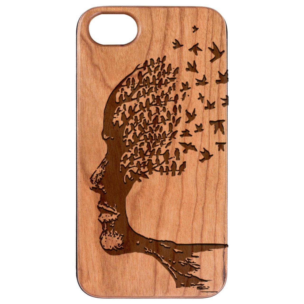 Human Head Tree - Engraved wooden phone case showcasing intricate design and natural wood finish.