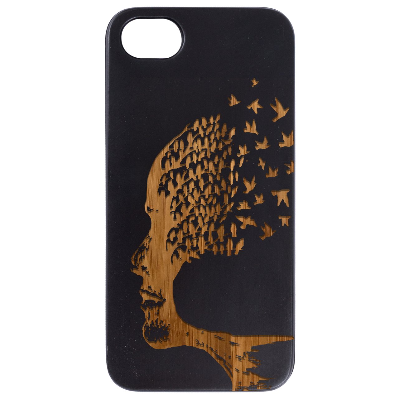 Human Head Tree - Engraved wooden phone case showcasing intricate design and natural wood finish.