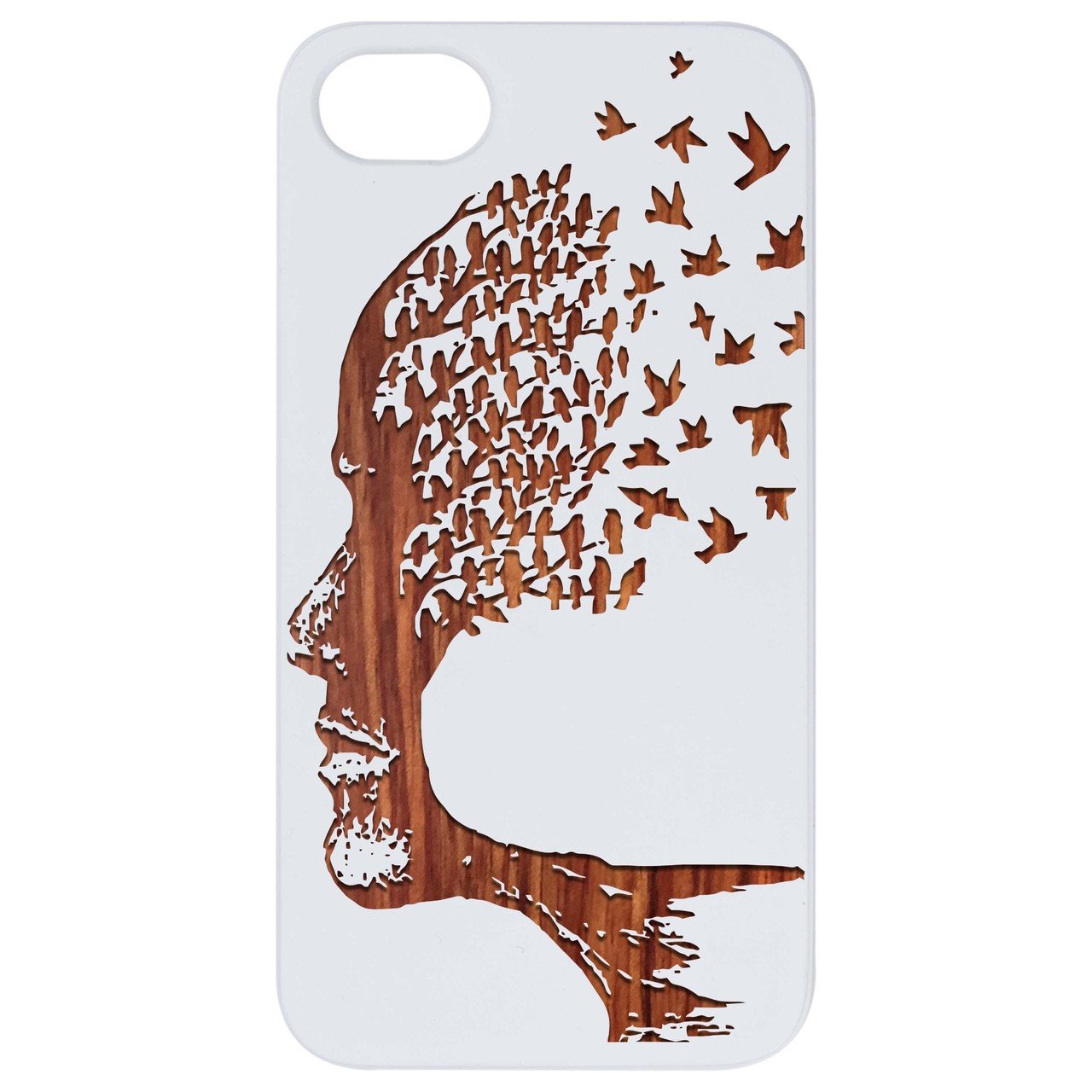 Human Head Tree - Engraved wooden phone case showcasing intricate design and natural wood finish.