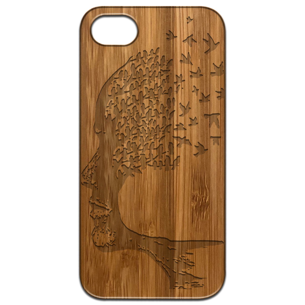 Human Head Tree - Engraved wooden phone case showcasing intricate design and natural wood finish.