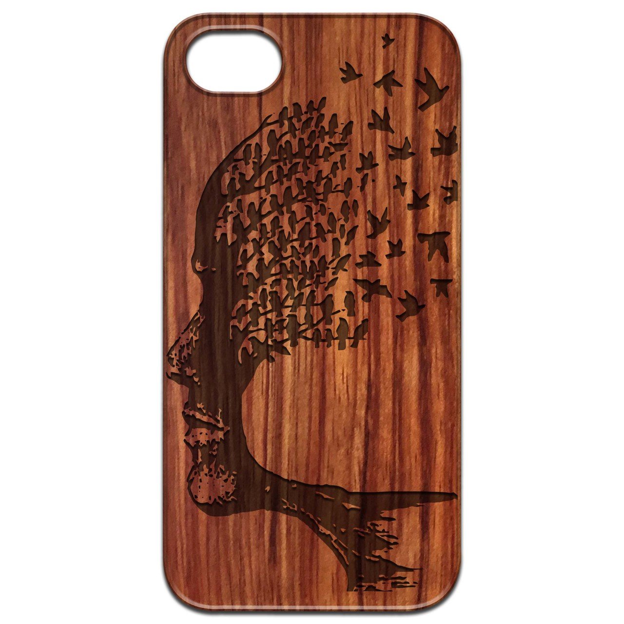 Human Head Tree - Engraved wooden phone case showcasing intricate design and natural wood finish.