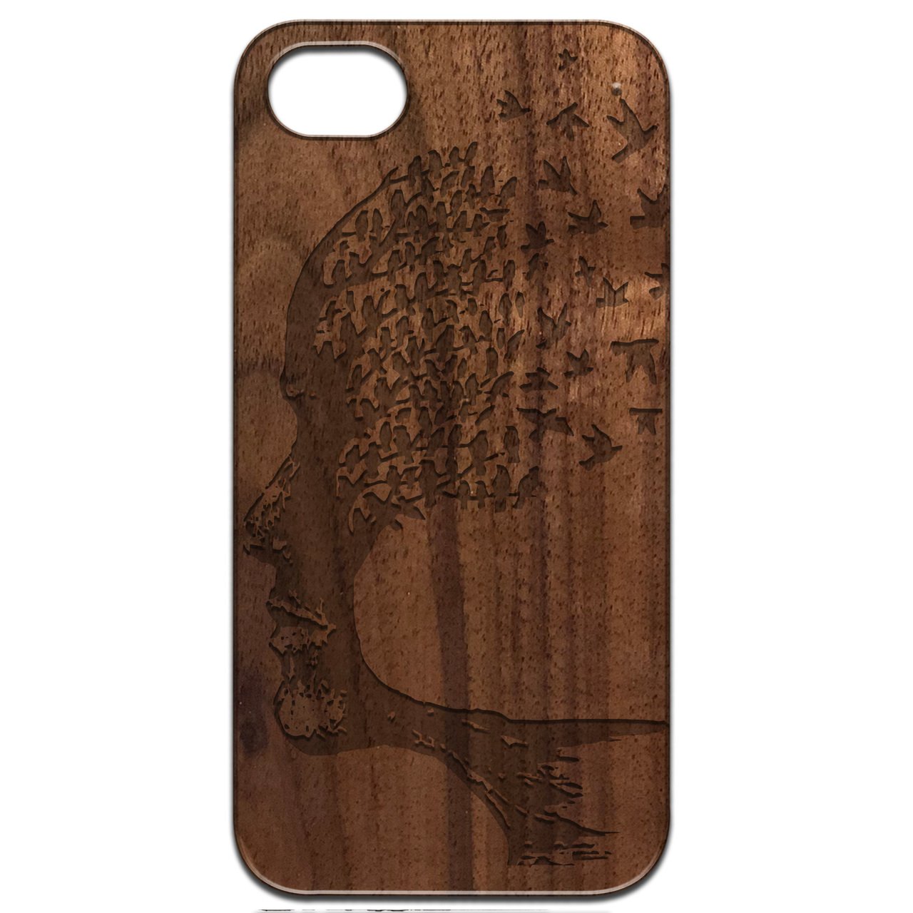 Human Head Tree - Engraved wooden phone case showcasing intricate design and natural wood finish.