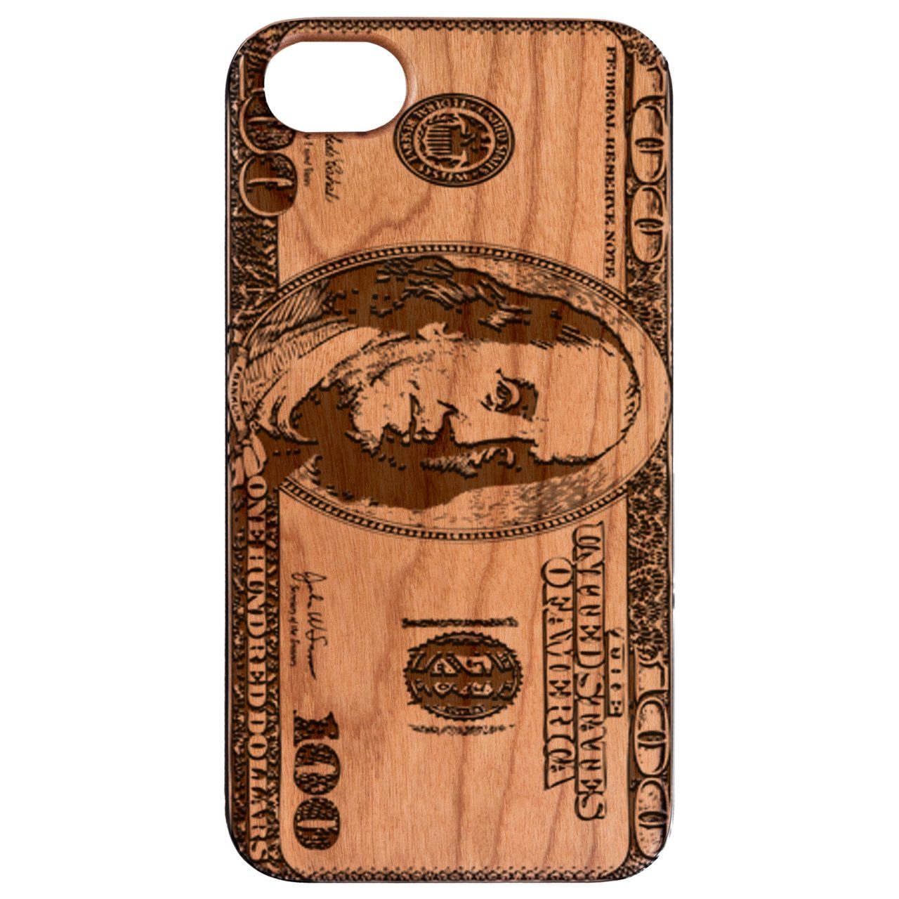 Engraved wooden phone case featuring a Hundred Dollar Bill design, showcasing intricate details and a natural wood finish.