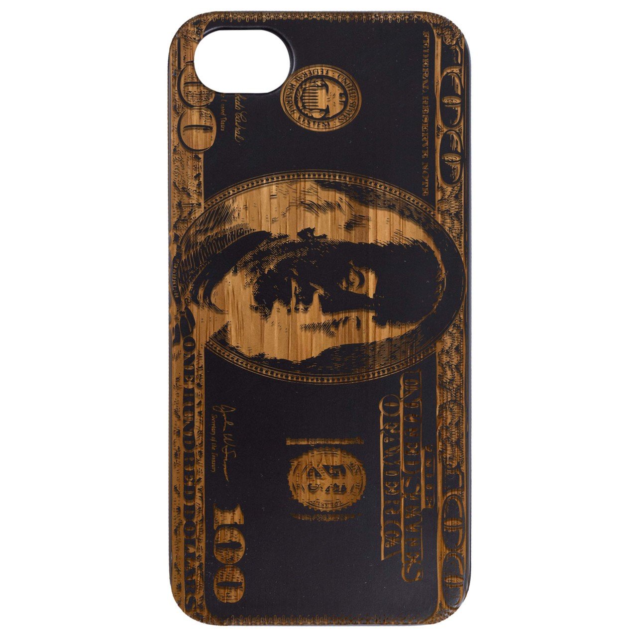 Engraved wooden phone case featuring a Hundred Dollar Bill design, showcasing intricate details and a natural wood finish.