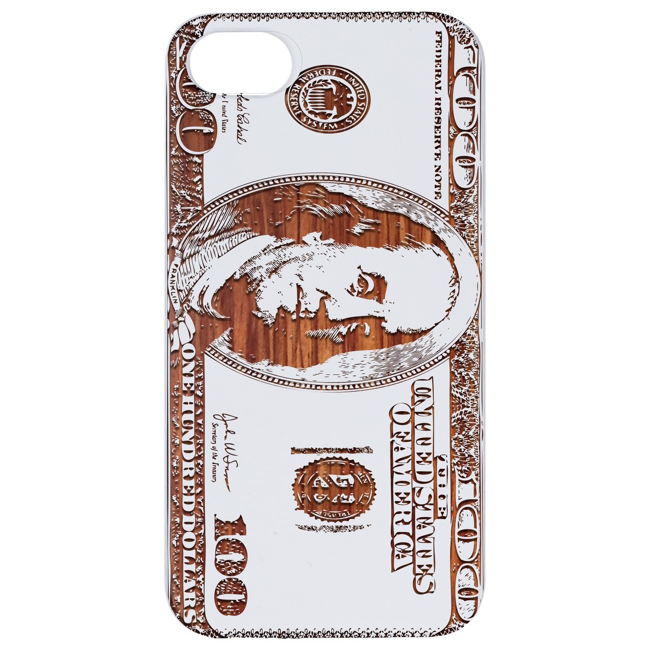 Engraved wooden phone case featuring a Hundred Dollar Bill design, showcasing intricate details and a natural wood finish.