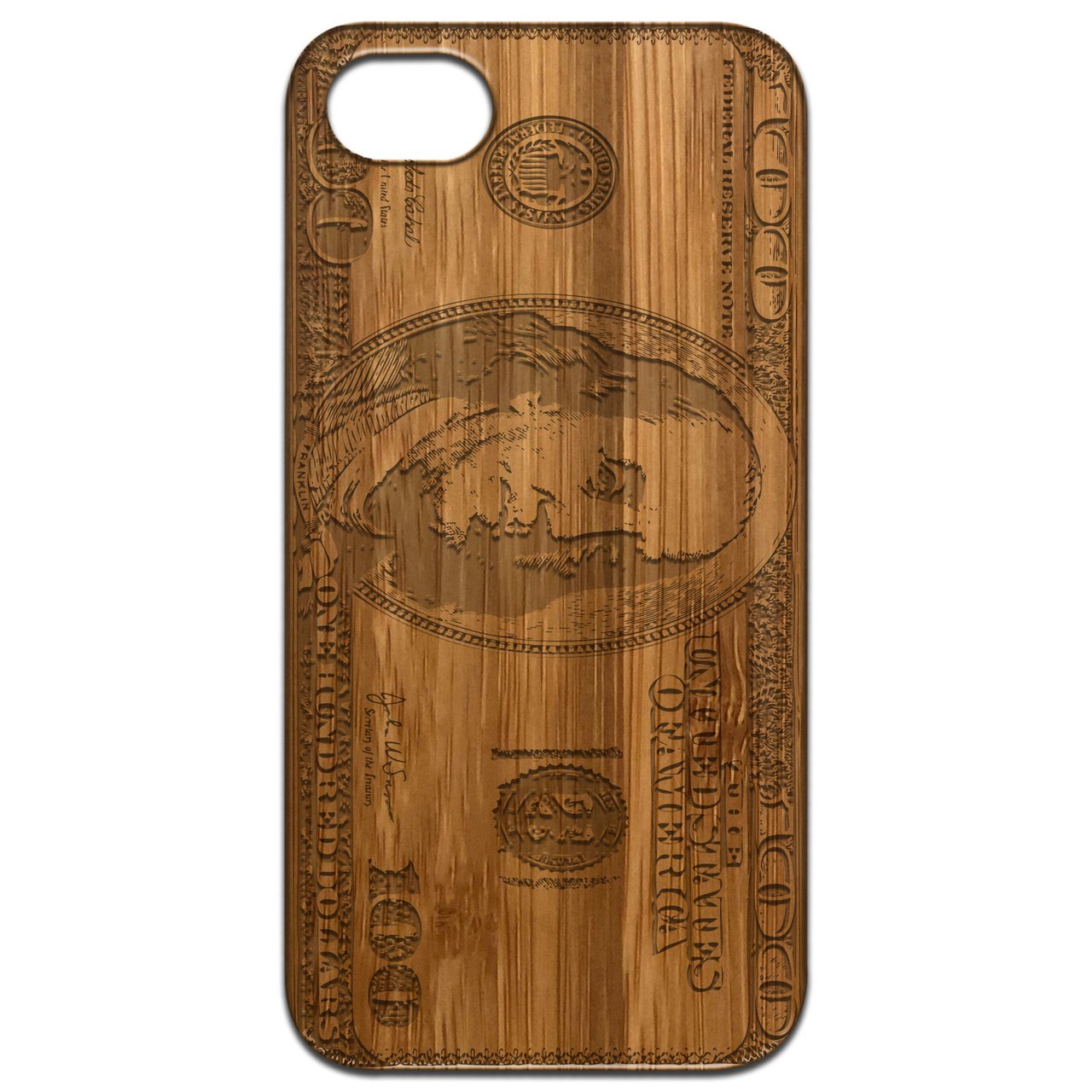 Engraved wooden phone case featuring a Hundred Dollar Bill design, showcasing intricate details and a natural wood finish.