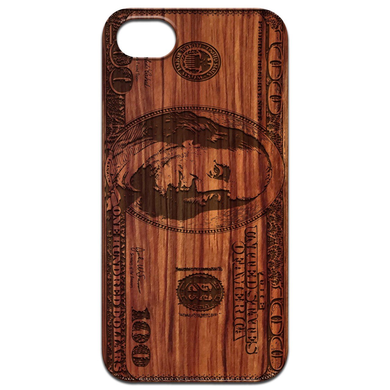 Engraved wooden phone case featuring a Hundred Dollar Bill design, showcasing intricate details and a natural wood finish.